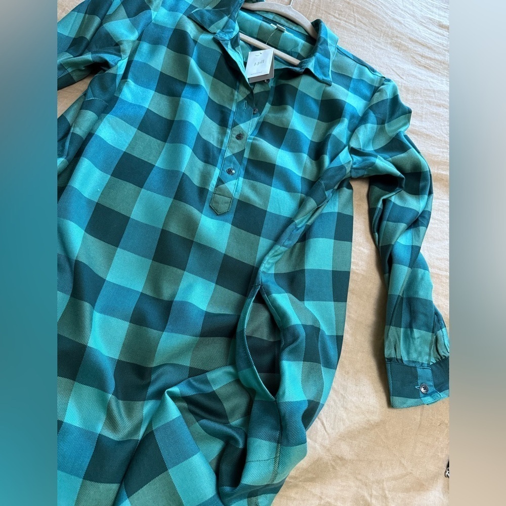 JJill NEW Green Plaid Women's long sleeved popover shirt dress with pockets - Picture 6 of 12